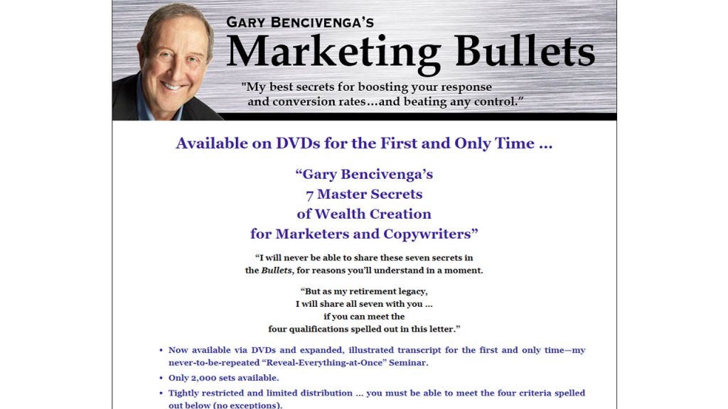 Gary Bencivenga – 7 Master Secrets Of Wealth Creation For Marketers And Copywriters