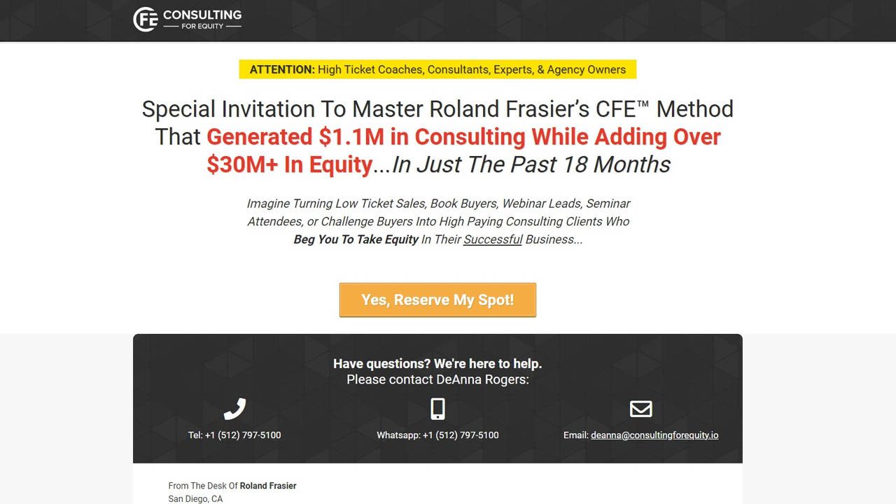 Roland Frasier – Consulting For Equity Masterclass